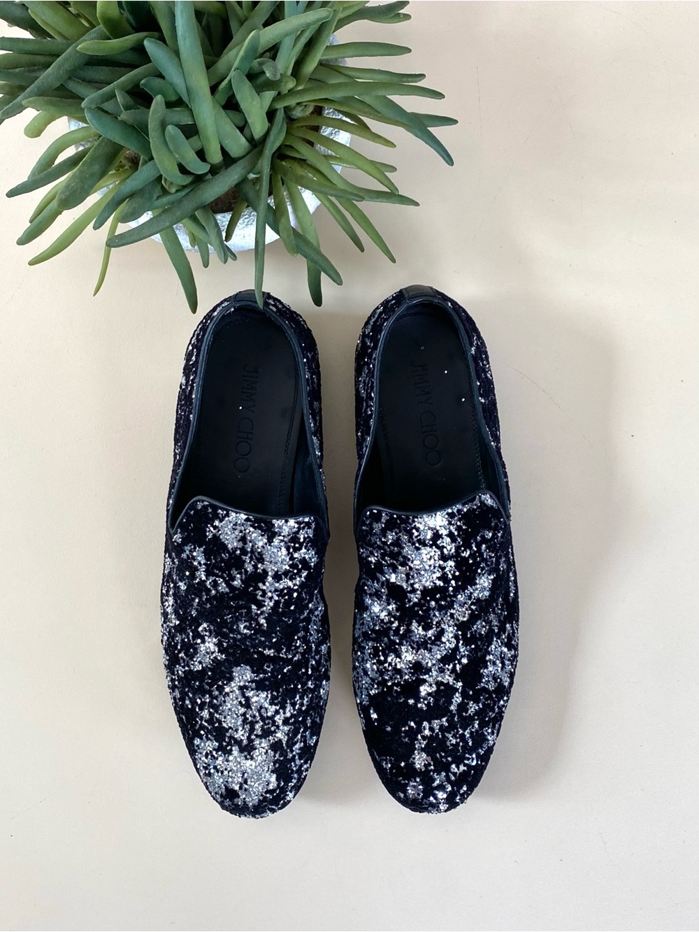 JIMMY CHOO - Sloane Black Velvet & Glitter Loafers + Box